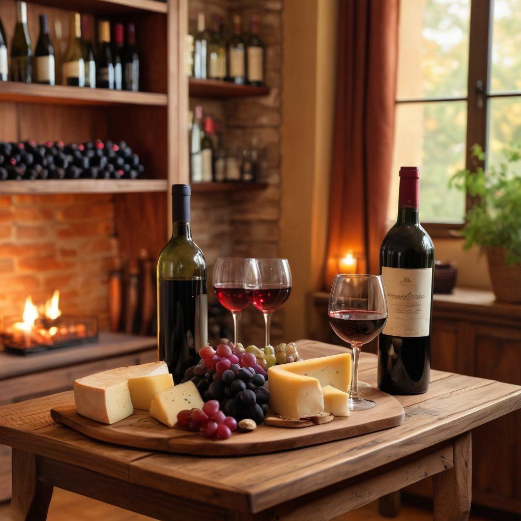 A cozy home setting showcasing a beautifully arranged wine tasting area with a variety of red and sparkling wine bottles. Include a rustic wooden table adorned with elegant wine glasses, cheese platters, and grape clusters, illuminated by soft, warm light. In the background, feature an inviting bookshelf filled with wine-related books and decor. This scene should evoke a sense of relaxation and enjoyment of wine at home. super-realistic. warm colors. cozy atmosphere.