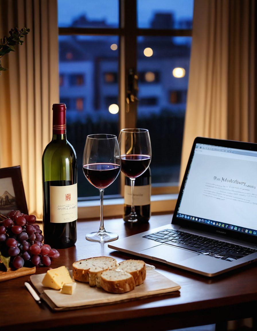A cozy desk setup featuring an elegantly decorated wine bottle, two stylish glasses filled with rich red wine, and a small cheese platter, all placed next to a laptop and some notebooks. Soft natural light filters through a window, casting a warm glow across the scene, enhancing the atmosphere of relaxation and celebration. Delicate wine-themed decor accents the background, inviting viewers into a stylish and inviting work-from-home environment. super-realistic. vibrant colors. warm lighting.