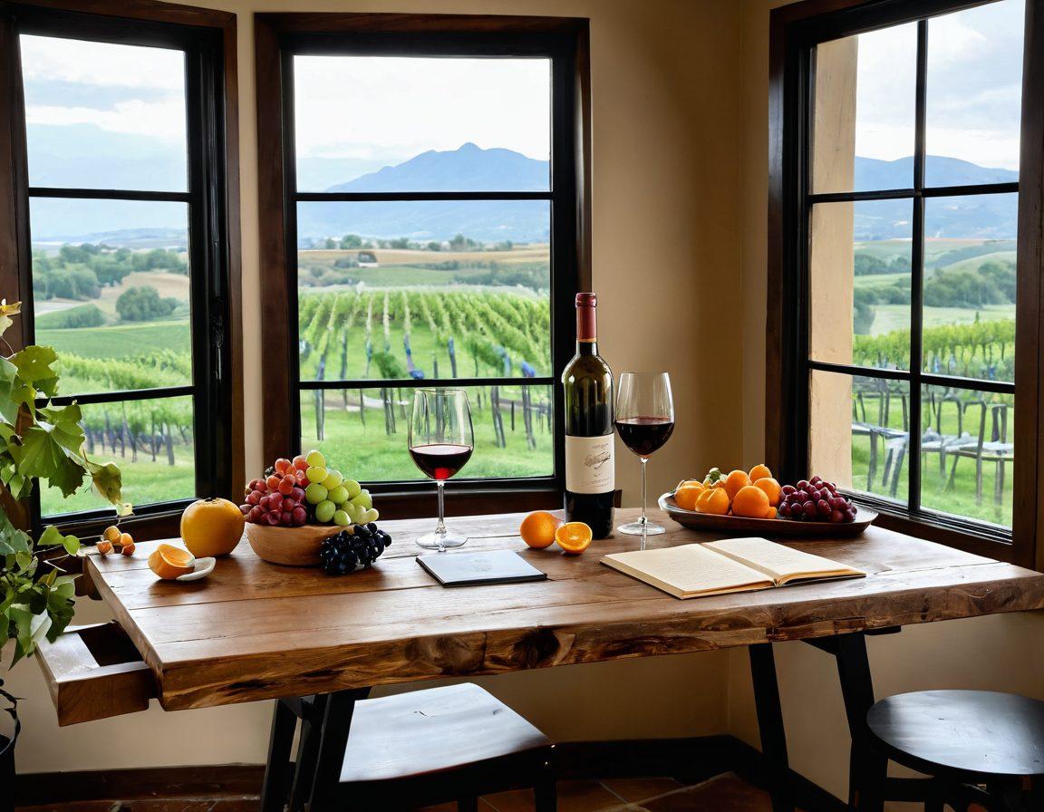 A cozy home workspace featuring a stylish desk adorned with a beautifully arranged wine bottle and two elegant glasses, surrounded by vibrant fruits and a rustic wooden cheese board. Soft, warm lighting creates an inviting atmosphere, while a picturesque window view shows a serene vineyard in the background. Detailed textures, rich colors, and cozy decor enhance the scene, evoking feelings of relaxation and celebration. super-realistic. warm tones. inviting ambiance.